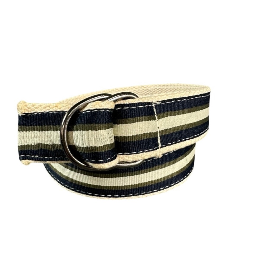 Striped Canvas D-Ring Belt Navy Blue Olive Green Cream Woven Webbing 47.5 Inch